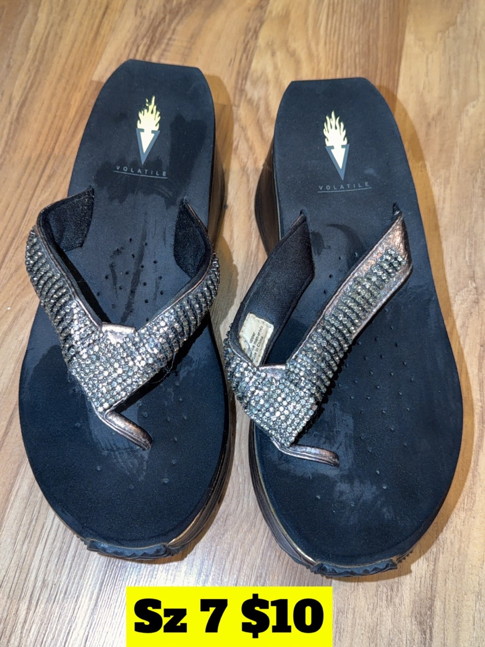 Volatile Black Rhinestone Wedge Sandals